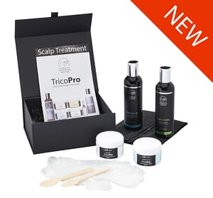 TricoPro SPA Scalp Treatment Pack 1x 100ml TTR Scalp cream 1x 100ml Hydrating Reconditioner 1x 250ml TM Juniper Therapy Shampoo 1x 250ml TM Juniper Therapy Conditioner 1x Pair of disposable gloves 2x Dispensing spoons 1x Instruction leaflet
